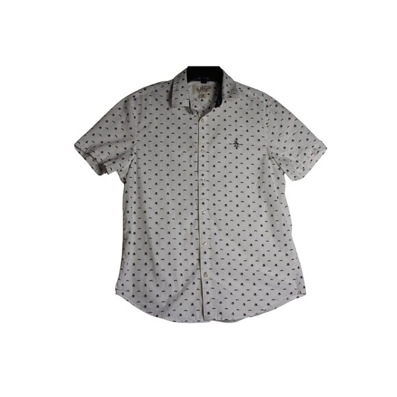Original Penguin Top Hat Mustache Retro Short Sleeve Button Down Shirt Mens Medi - Picture 1 of 6